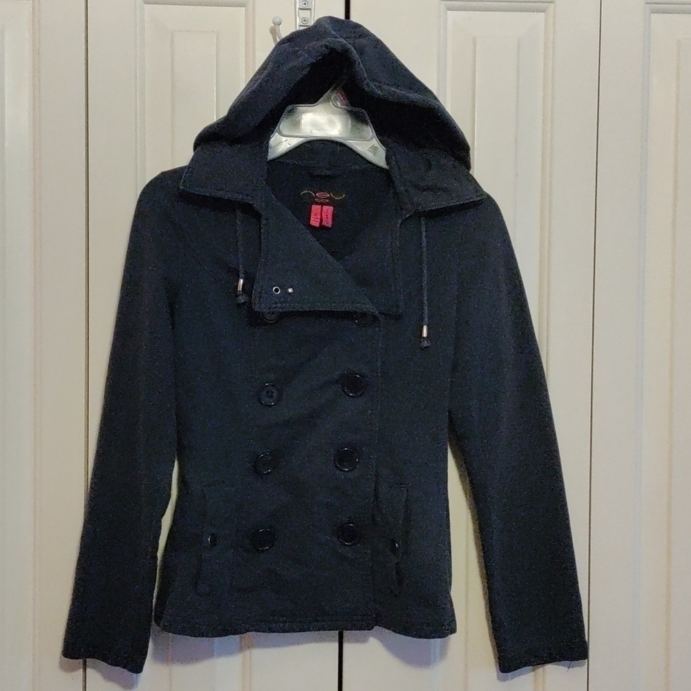 New Look blue hooded peacoat jacket size small dark blue with pockets stretch